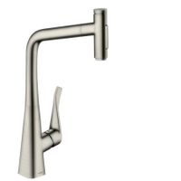 Смеситель для кухни, Hansgrohe, Metris Select M71, sBox, тип открывания воды-однорычажный, тип регулирования воды-керамический картридж, монтаж-на раковину/столешницу, отверстия для монтажа-1, высота, мм-445, вынос излива, мм-235, тип излива-выдвижной, поворотный 110° или 150°, 2 режима струи-ламинарная струя, душевая струя, корпус для шланга, кнопка Select для комфортного включения/выключения воды, магнитная система крепления душа MagFit, тип подводки-гибкая, стандарт подвода воды-3/8", цвет-сталь арт-73816800 — фото 1, Смесители для кухни