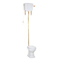 BELLA Комплект унитаз напольный выпуск в стену, бачок высокий с цепочкой золото, белый (БЕЗ КРЫШКИ) 31104 — фото 1, Напольные унитазы