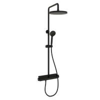 Душевая стойка Sancos Teo c термостатом, встроенным изливом, полкой и с регулировкой по высоте штанги, цвет черный матовый, арт. SC11002MB — фото 1, Душевые стойки