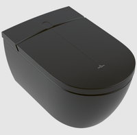 Унитаз-биде, Villeroy&Boch, Viclean, безободковый (с открытым смывным краем), тип установки-подвесной, ширина, мм-385, глубина, мм-595, высота, мм-400, форма чаши-овальная, выпуск-горизонтальный, материал-санфарфор, сиденье из дюропласта с плавным опусканием-в комплекте, вид грязеотталкивающего покрытия-CeramicPlus, в составе-пульт дистанционного управления, комплект для подключения воды, крепления, функции-гигиенический душ, женский душ, постоянная струя, пульсирующий массажный душ, HarmonicWave душ с колебательными и вращающимися движениями, поэтапная регулировка температуры, силы струи и положения насадки для душа, подогрев сиденья с регулировкой температуры,встроенный фен ComfortDry с теплым воздухом, настраиваемые профили пользователей и идентификация с помощью встроенных в сиденье датчиков, настройка функций через приложение ViClean App, цвет-Pure Black арт-V0E200R7 — фото 1, Подвесные унитазы