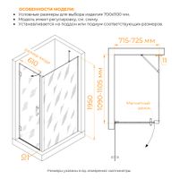 Душевой уголок RGW HO-045B (HO-011B + Z-050-2B + O-204B) 700x1100, профиль черный, стекло прозрачное, арт-350604571-014 — фото 2, Прямоугольные душевые уголки
