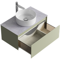 Подвесная тумба с одним ящиком 81 см, цвет зеленый шалфей со столешницей серый камень и наставным умывальником арт-GE01081SH+STG814X476GS — фото 2, Тумбы с раковиной