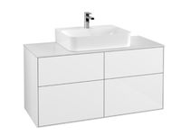 Тумба под раковину, Villeroy&Boch, Finion, ширина, мм-1200, глубина, мм-501, высота, мм-603, тип установки-подвесной, форма мебели-прямоугольная, раковина-необходимо заказать, монтаж раковины-в центре, консоль/столешница-в комплекте, цвет столешницы-стекло белое матовое, ящики-4, открывание-выдвижное, с противоскользящим ковриком, крепления в комплекте, материал корпуса-МДФ лак, материал фасада-МДФ лак, цвет-Glossy White Lacquer, в комплекте-2 пакета с аксессуарами арт-F13100GF — фото 1, Тумбы под раковину