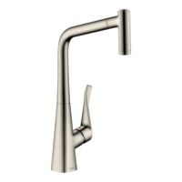 Смеситель для кухни, Hansgrohe, Metris M71, Eco, тип открывания воды-однорычажный, тип регулирования воды-керамический картридж, монтаж-на раковину/столешницу, отверстия для монтажа-1, высота, мм-430, вынос излива, мм-237, тип излива-выдвижной, поворотный, 2 режима струи-ламинарная струя, душевая струя, тип подводки-гибкая, стандарт подвода воды-3/8", цвет-сталь арт-14780800 — фото 1, Смесители для кухни