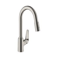 Смеситель для кухни, Hansgrohe, Focus M42, sBox, тип открывания воды-однорычажный, тип регулирования воды-керамический картридж, монтаж-на раковину/столешницу, отверстия для монтажа-1, высота, мм-400, вынос излива, мм-210, тип излива-поворотный 360°, выдвижной с вытяжным душем, корпус для шланга, магнитная система крепления душа MagFit, 2 режима струи-ламинарная струя, душевая струя, тип подводки-гибкая, стандарт подвода воды-3/8", цвет-сталь арт-71820800 — фото 1, Смесители для кухни