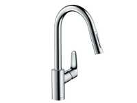 Смеситель для кухни, Hansgrohe, Focus M41, sBox, тип открывания воды-однорычажный, тип регулирования воды-керамический картридж, монтаж-на раковину/столешницу, отверстия для монтажа-1, высота, мм-406, вынос излива, мм-220, тип излива-выдвижной, поворотный 110° или 150°, переключение струи в исходное положение нажатием кнопки, магнитная система крепления душа MagFit, тип подводки-гибкая, стандарт подвода воды-3/8", цвет-хром арт-73880000 — фото 1, Смесители для кухни