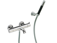 Смеситель для ванны и душа, Cisal, Nuova Less, тип открывания воды-рычажный, тип регулирования воды-термостатический картридж, монтаж-вертикальный (настенный), отверстия для монтажа-3, вынос излива, мм-160, тип излива-неподвижный, ручной душ-есть, цвет-Matt Black, комплектация- держатель ручного душа, гибкий шланг 1500 мм арт-LND2301640 — фото 1, Смеситель для ванны