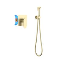 AQ1219BG ОБЕРОН набор с гигиеническим душем (смеситель + гигиеническая лейка + шланг + шланговое подсоединение с держателем), шлиф. золото — фото 1, Гигиенические души