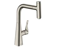 Смеситель для кухни, Hansgrohe, Metris Select M71, тип открывания воды-однорычажный, тип регулирования воды-керамический картридж, монтаж-на раковину/столешницу, отверстия для монтажа-1, высота, мм-350, вынос излива, мм-208, тип излива-выдвижной, поворотный на 110° или 150°, 1 режим струи, кнопка Select для комфортного включения/выключения воды, магнитная система крепления душа MagFit, тип подводки-гибкая, стандарт подвода воды-3/8", цвет-сталь арт-14857800 — фото 1, Смесители для кухни