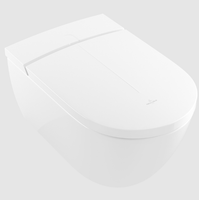 Унитаз-биде, Villeroy&Boch, Viclean, безободковый (с открытым смывным краем), тип установки-подвесной, ширина, мм-385, глубина, мм-595, высота, мм-400, форма чаши-овальная, выпуск-горизонтальный, материал-санфарфор, сиденье из дюропласта с плавным опусканием-в комплекте, вид грязеотталкивающего покрытия-CeramicPlus, в составе-пульт дистанционного управления, комплект для подключения воды, крепления, функции-гигиенический душ, женский душ, постоянная струя, пульсирующий массажный душ, HarmonicWave душ с колебательными и вращающимися движениями, поэтапная регулировка температуры, силы струи и положения насадки для душа, подогрев сиденья с регулировкой температуры,встроенный фен ComfortDry с теплым воздухом, настраиваемые профили пользователей и идентификация с помощью встроенных в сиденье датчиков, настройка функций через приложение ViClean App, цвет-альпийский белый (белый Alpin) V0E200R1 — фото 1, Унитазы