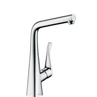 Смеситель для кухни, Hansgrohe, Metris M71, тип открывания воды-однорычажный, тип регулирования воды-керамический картридж, монтаж-на раковину/столешницу, отверстия для монтажа-1, высота, мм-356, вынос излива, мм-219, тип излива-поворотный, 1 режим струи-ламинарная струя, тип подводки-гибкая, стандарт подвода воды-3/8", для установки перед окном, цвет-хром арт-14823000 — фото 1, Смесители для кухни