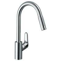 Смеситель для кухни, Hansgrohe, Focus M41, Eco, sBox, тип открывания воды-однорычажный, тип регулирования воды-керамический картридж, монтаж-на раковину/столешницу, отверстия для монтажа-1, высота, мм-406, вынос излива, мм-220, тип излива-выдвижной, поворотный 110° или 150°, переключение струи в исходное положение нажатием кнопки, магнитная система крепления душа MagFit, тип подводки-гибкая, стандарт подвода воды-3/8", цвет-хром арт-73895000 — фото 1, Смесители для кухни
