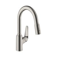 Смеситель для кухни, Hansgrohe, Focus M42, sBox, тип открывания воды-однорычажный, тип регулирования воды-керамический картридж, монтаж-на раковину/столешницу, отверстия для монтажа-1, высота, мм-364, вынос излива, мм-207, тип излива-поворотный 360°, выдвижной с вытяжным душем, корпус для шланга, магнитная система крепления душа MagFit, 2 режима струи-ламинарная струя, душевая струя, тип подводки-гибкая, стандарт подвода воды-3/8", цвет-сталь арт-71821800 — фото 1, Смесители для кухни