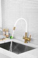 Смеситель для кухни с гибким изливом и подключением фильтра BELZ, брашированное золото, белый, арт-B76814-5 — фото 3, Смесители для кухни