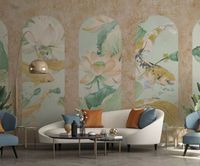 Панно Zambaiti Parati Satin Flowers IV Винил на флизелине (3*5,1) Розовый/Голубой/Зеленый, Цветы/Рыбы/Штукатурка арт-Z66869 — фото 2, Обои