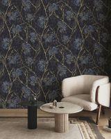 Обои Emiliana Parati Damasco Reale Винил на флизелине (1,06*10,05) Черный/Голубой/Золото, Листья/Цветы арт-73418 — фото 3, Обои для стен