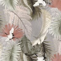 Обои Prima Italiana Volare Винил на флизелине (1,06*10) Серый/Зеленый/Розовый, Птицы/Листья арт-80474 — фото 1, Обои для стен