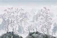 Фреска Ortograf Chinoiserie 33930 Фактура флок FLK Флизелин (4,5*3) Голубой/Розовый, Пейзаж/Цветы/Птицы арт-33930 (флок FLK) — фото 2, Фрески