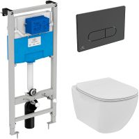 Комплект унитаза с инсталляцией Ideal Standard Tesi Rimless с сиденьем Микролифт и Черной матовой клавишей смыва арт-TT00003/115A6 — фото 1, Комплекты унитаз + инсталляция