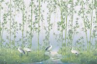 Фреска Ortograf Chinoiserie 33928 Фактура флок FLK Флизелин (4,5*3) Голубой/Зеленый, Листья/Птицы арт-33928 (флок FLK) — фото 2, Фрески