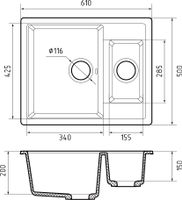 GRANFEST Мойка QUADRO 610K 1,5-чаши 610*500мм топаз арт.GF- арт-Q-610K топаз — фото 3, Кухонные мойки