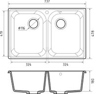 GRANFEST Мойка QUARZ 15 2-чаши 740*480мм песочный арт.GF-Z- арт-15 песочный — фото 2, Кухонные мойки