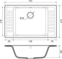 GRANFEST Мойка QUARZ 71 1-чаша+крыло 760*480мм темно-серый арт.GF-ZW- арт-71 темно-серый — фото 3, Кухонные мойки