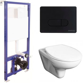 Комплект унитаза Roca Mateo 346200000+ZRU9302815 с инсталляцией Berges Novum D5 040235 с сиденьем и Черной матовой клавишей смыва — фото 1, Комплекты унитаз + инсталляция