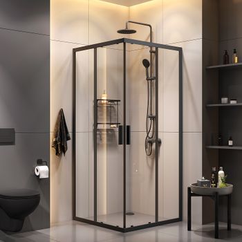 Комплект душевого уголка с душевой системой и аксессуарами AM.PM Gem S 90x90 WK93EP профиль Черный матовый стекло прозрачное — фото 1, Квадратные душевые уголки