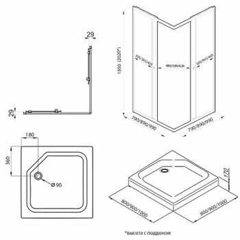 Душевой уголок Triton Вента-Блэк 100х100 Щ0000054463 профиль Черный стекло прозрачное — фото 5, Квадратные душевые уголки