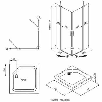 Душевой уголок Triton Тау-Блэк 90х90 Щ0000054038 профиль Черный стекло прозрачное — фото 5, Квадратные душевые уголки
