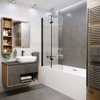 Шторка на ванну Grossman 100x150 GR-106100BLACK профиль Черный стекло прозрачное — фото 1, Шторки для ванной распашные