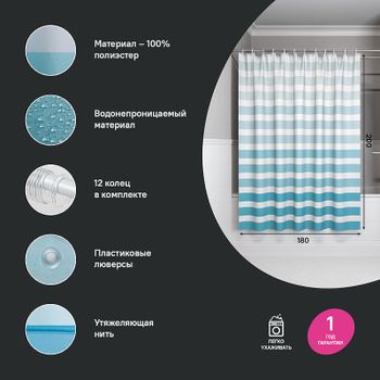 Штора для ванны Iddis Base 180х200 BR01P18i11 Голубая — фото 3, Шторы для ванной