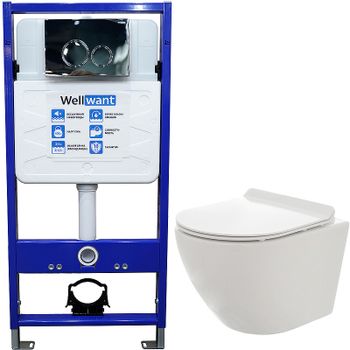 Комплект унитаза AQUAme AQM2002 с инсталляцией WellWant Standart 50 WWISI1110B с сиденьем Микролифт и клавишей смыва Хром глянцевый — фото 1, Комплекты унитаз + инсталляция