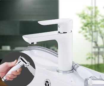 Смеситель для раковины Gappo G48 G1048-1 с гигиеническим душем Белый Хром — фото 2, Смесители для раковины