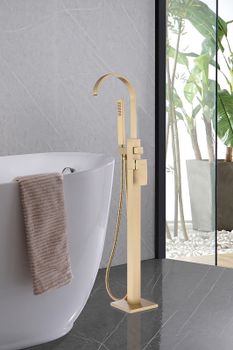 Смеситель для ванны Abber Wasserfall AF8615G Золото матовое — фото 2, Смесители напольные