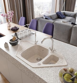 Кухонная мойка Domaci Бьелла DMC-10K GWS-10K-328 Бежевая — фото 3, Кухонные мойки