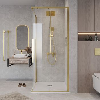 Душевой уголок Grossman Galaxy 70х70 300.K33.01.7070.32.00 профиль Золото сатин стекло прозрачное — фото 3, Квадратные душевые уголки