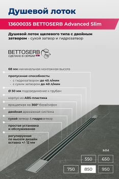 Душевой лоток Bettoserb Advanced Slim 85 13600035 с решеткой Нержавеющая сталь — фото 5, Душевые лотки