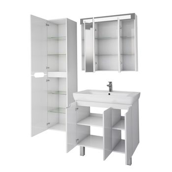 Тумба Q PLUS (D), 80 см, подвесная/напольная, 3 дверцы, с опорами, белый глянец — фото 5, Тумбы под раковину