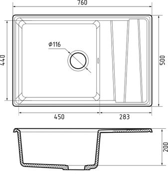 GRANFEST Мойка LEVEL 760L 1-чаша+крыло 760*500 иней арт.GF- — фото 3, Кухонные мойки