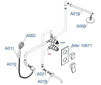 A171619 Встраиваемый комплект для ванны с верхней душевой насадкой, лейкой и изливом — фото 4, Встраиваемые душевые комплекты