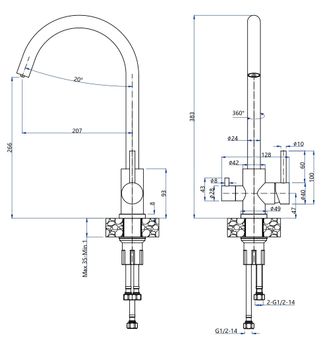 GRANFEST QUARZ Смеситель для кухни U-обр. с краном питьевой воды D-35мм нержавейка арт. GF- — фото 2, Смесители для кухни