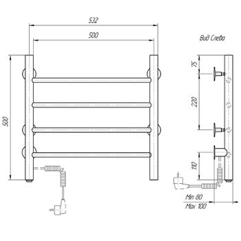 Электрический полотенцесушитель Domoterm Классик DMT 109-4 50x50 EK L Черный матовый — фото 2, Электрические полотенцесушители
