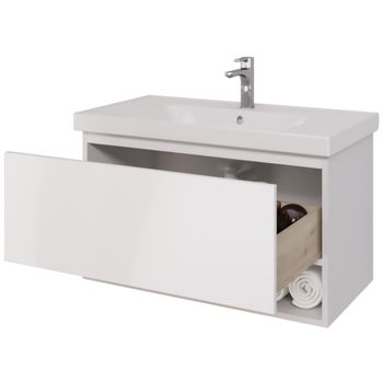 Тумба PERFECTO, 90 см, подвесная, 1 ящик, push-to-open, белый глянец — фото 4, Тумбы под раковину