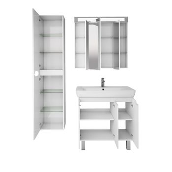 Тумба Q PLUS (D), 80 см, подвесная/напольная, 3 дверцы, с опорами, белый глянец — фото 6, Тумбы под раковину