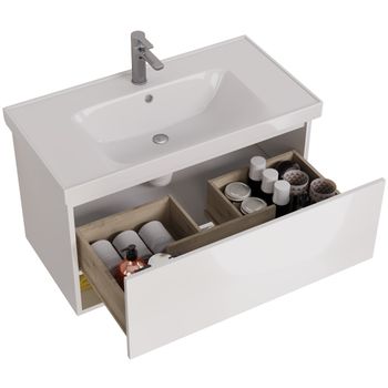 Тумба PERFECTO, 90 см, подвесная, 1 ящик, push-to-open, белый глянец — фото 16, Тумбы под раковину