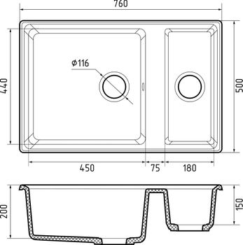 GRANFEST Мойка LEVEL 760K 1,5-чаши 760*500 иней арт.GF- — фото 3, Кухонные мойки