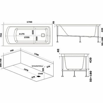 Акриловая ванна Bas Аякс 170x75 В00131 без гидромассажа — фото 2, Акриловые ванны