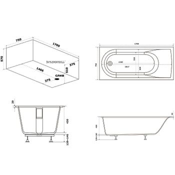 Ванна из искусственного камня Good Door Афина 170х75 ВА00020 без гидромассажа — фото 3, Ванны из искусственного камня